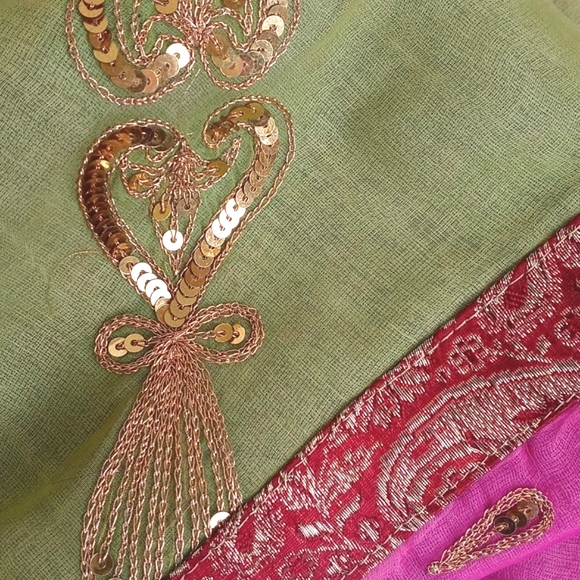 Antique Vintage Batik Sheer Pink Red Green Gold Sequins Embroidered Pillow Sham - Picture 6 of 13